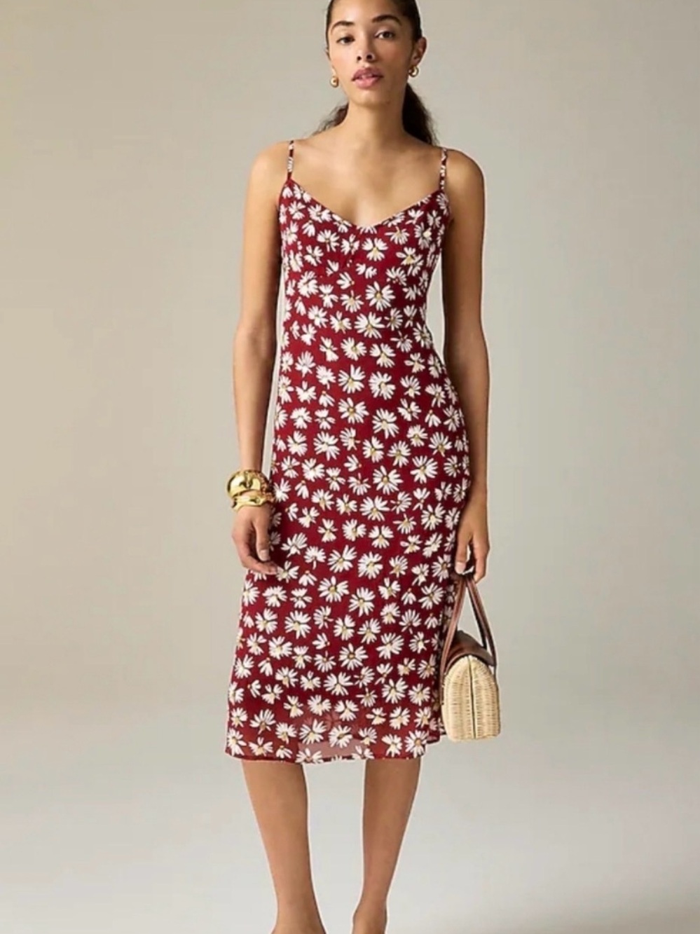 J.Crew Gold Embellished Slip Midi Dress in Burgundy with Daisies